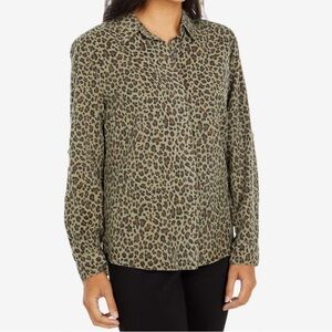 NWOT KUT from the Kloth Dakota Top Long Sleeve Roll Cuff Olive Leopard Print XL